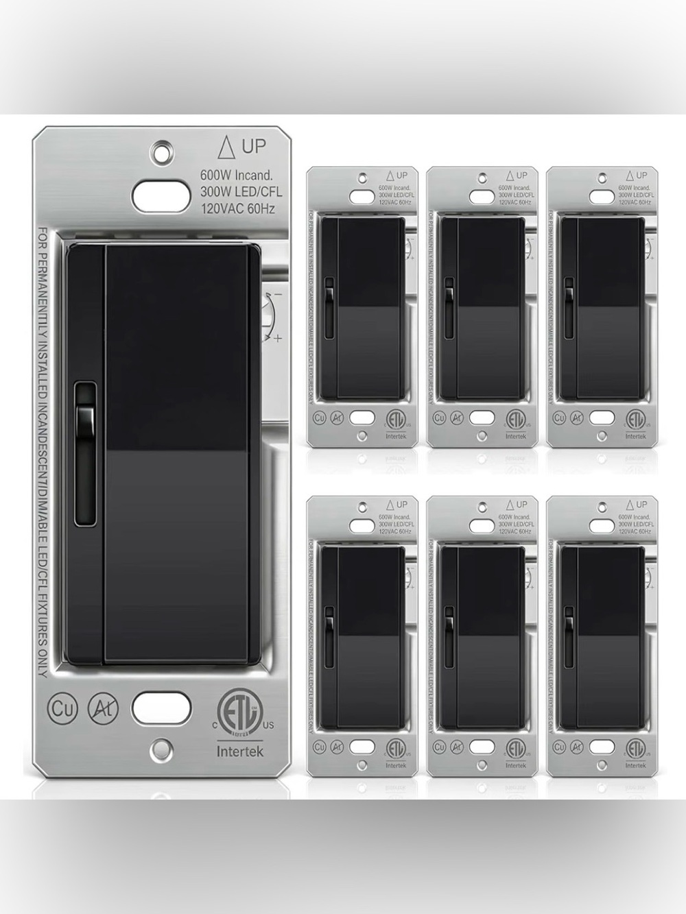BESTTEN 6PK Slide Dimmer Light Switch Black Single Pole 3 Way 300W LED 600W